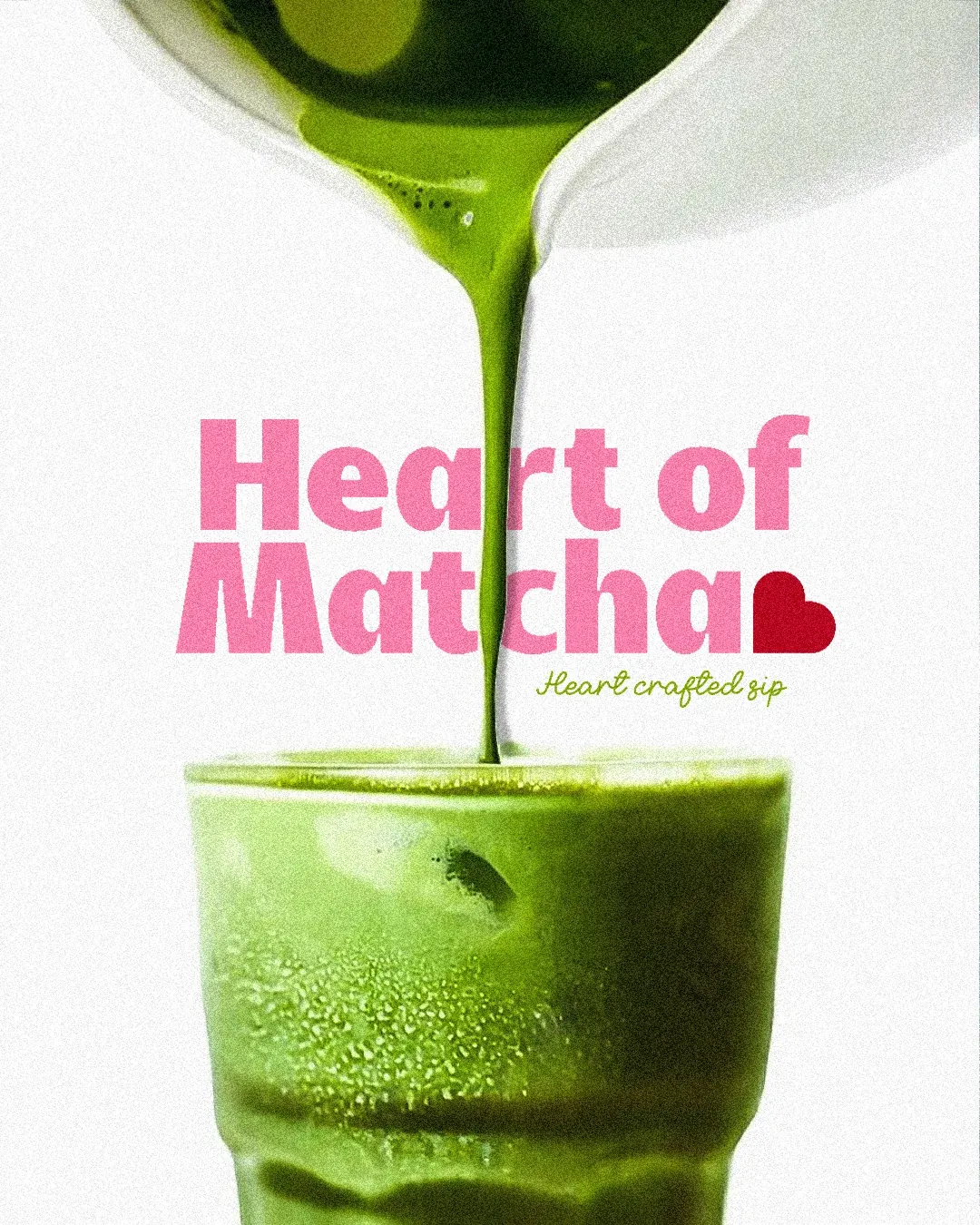Heart of Matcha pink wordmark with a red heart and the line Heart crafted sip over iced matcha. Cafe logo design by LIRCLE