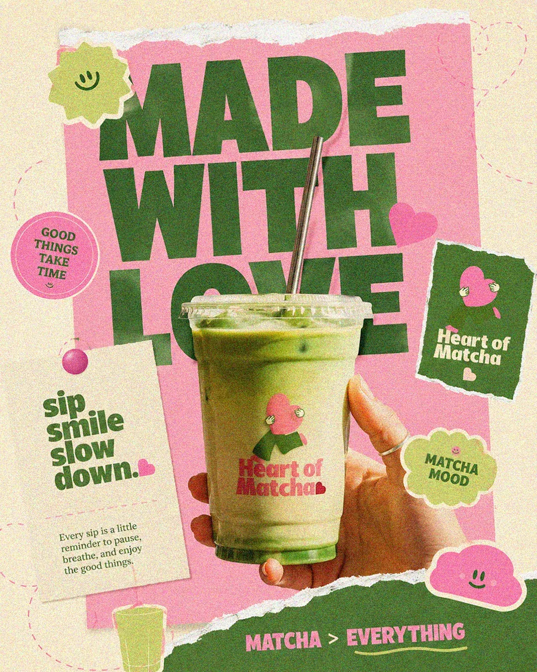 Heart of Matcha collage poster headlined Made with love with an iced matcha cup and stickers. Cafe campaign design by LIRCLE