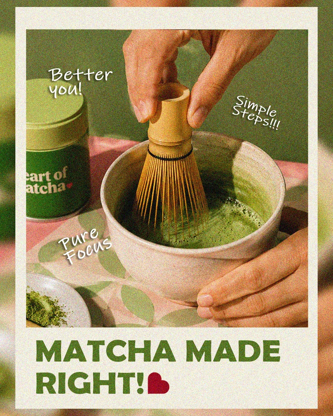 Heart of Matcha visual headlined Matcha made right with a green tin and hand-written notes. Cafe brand identity by LIRCLE