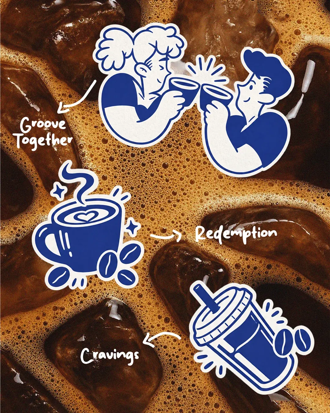 Rover Coffee sticker sheet: two friends clinking cups, a hot cup with heart latte art and an iced coffee. Coffee brand illustration by LIRCLE
