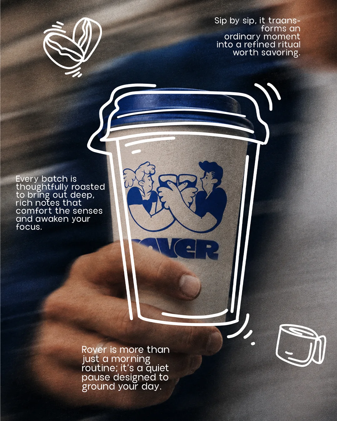 Hand holding a Rover Coffee takeaway cup printed with the two-friends illustration. Coffee packaging design by LIRCLE