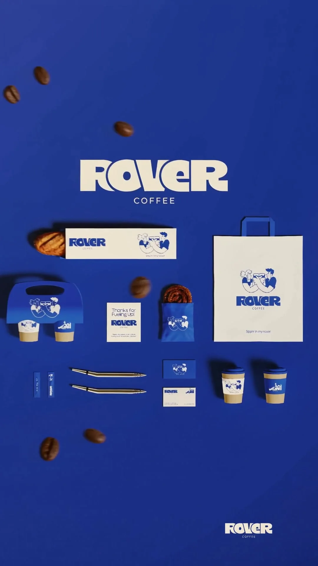 Rover Coffee packaging flat lay: carry box, paper bag, sachets and cups, by Lircle Creative Studio