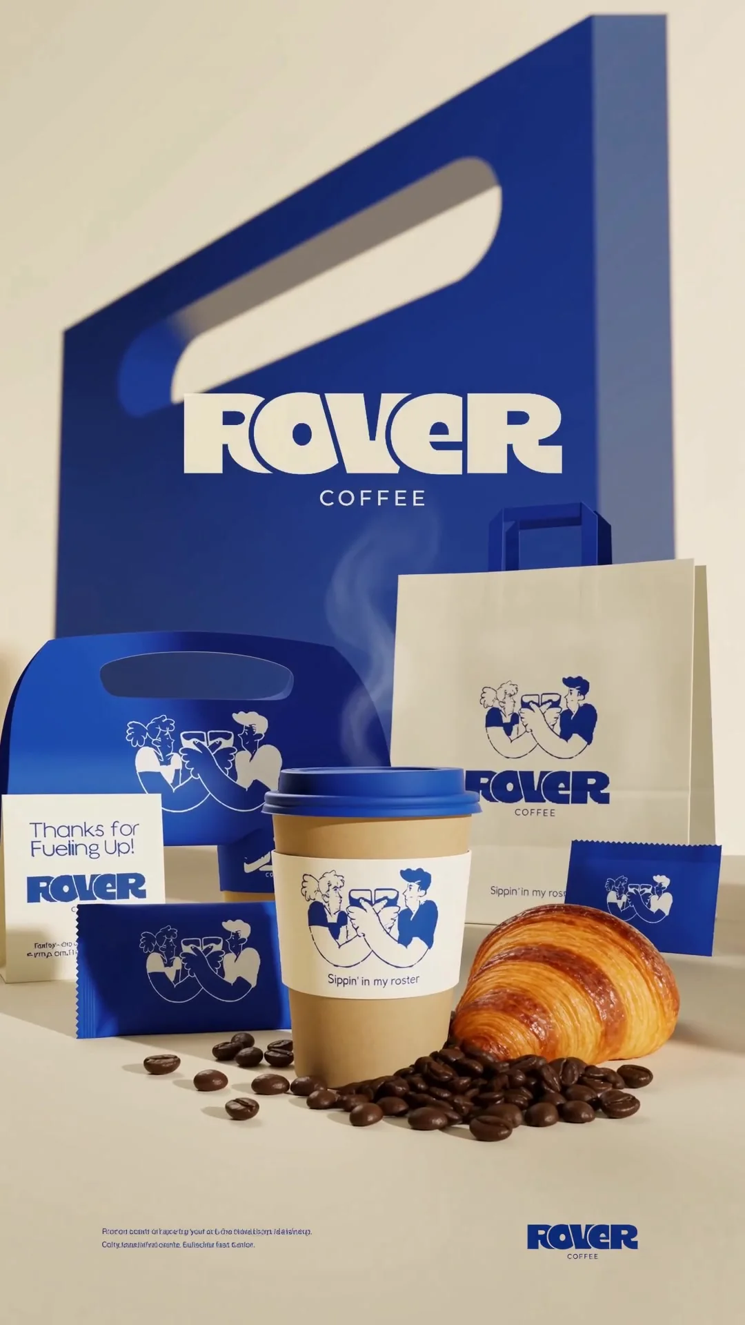 Rover Coffee kraft cup with a blue lid, carry box, paper bag and a Thanks for Fueling Up card with a croissant. Coffee packaging CGI by LIRCLE